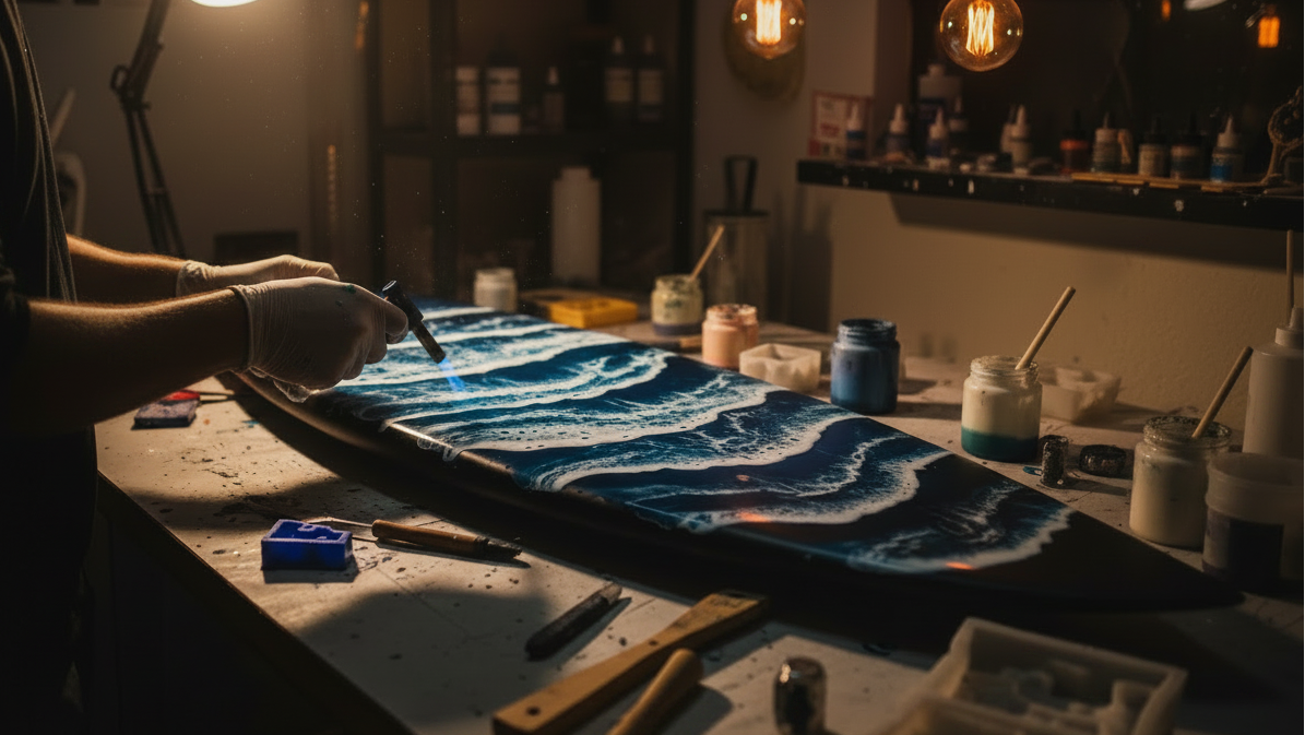 Resin waves on black surfboard, moody atelier